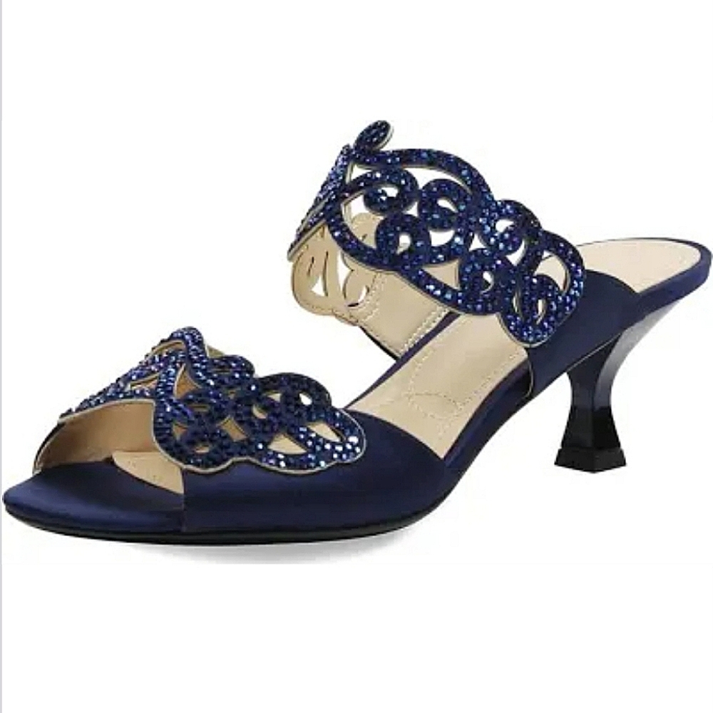 J.RENEÉ Francie Navy Satin Rhinestone Kitten Heel Evening Sandals SIZE: 13M